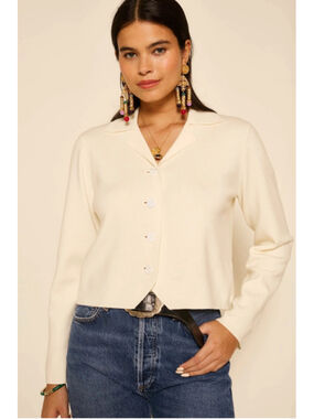 Rixo Aara Cream Wool Blend Collared Cardigan Button Front Sweater Large